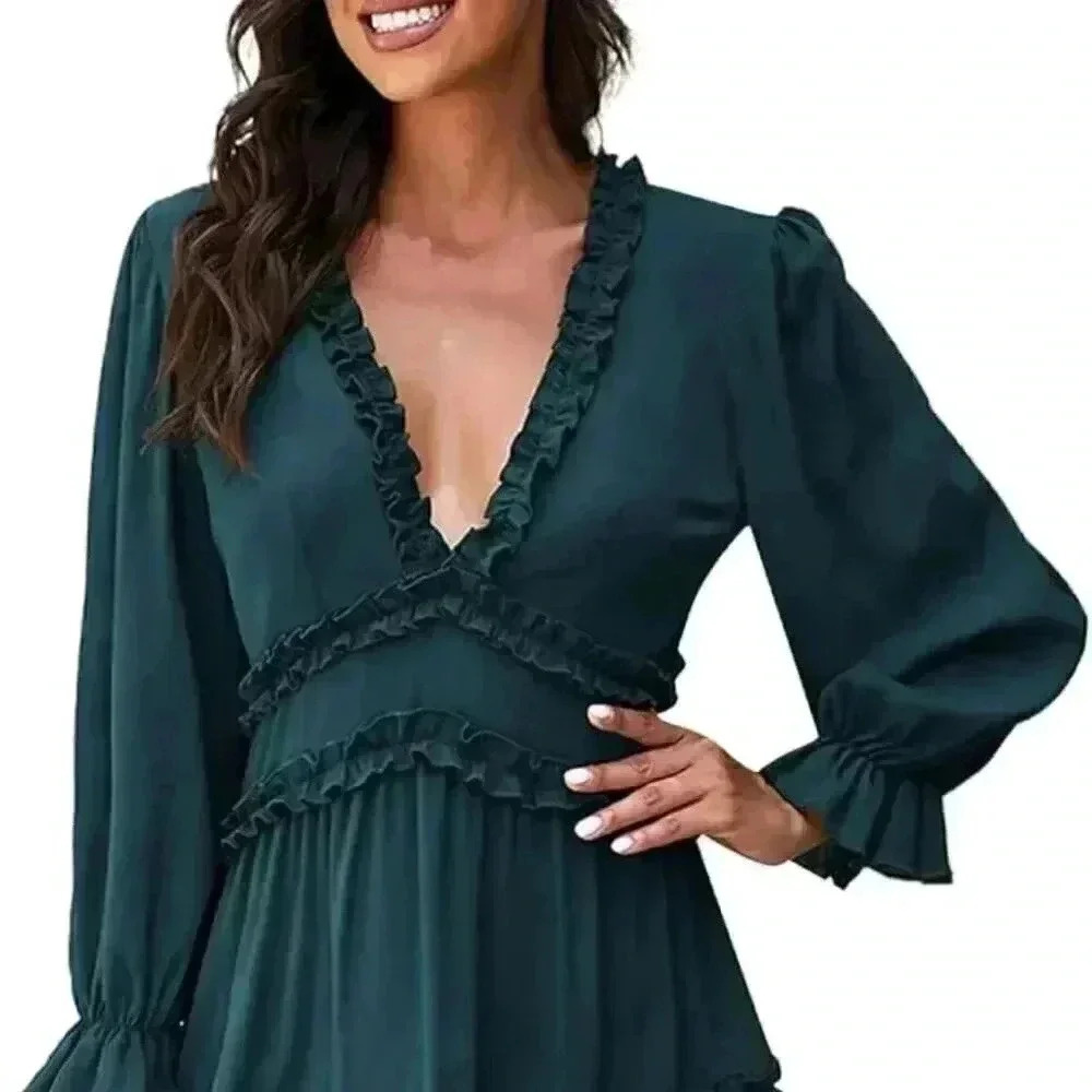 Women's Long Sleeve Dress Casual V-Neck Solid Color A-Line Mid Waist Dress Fall